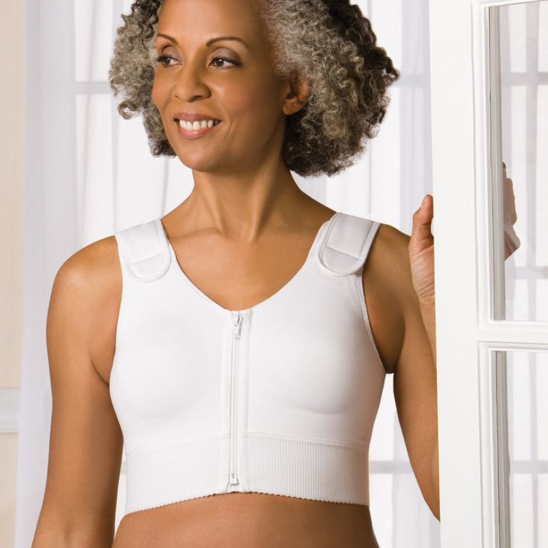 mature woman in white compression front close bra