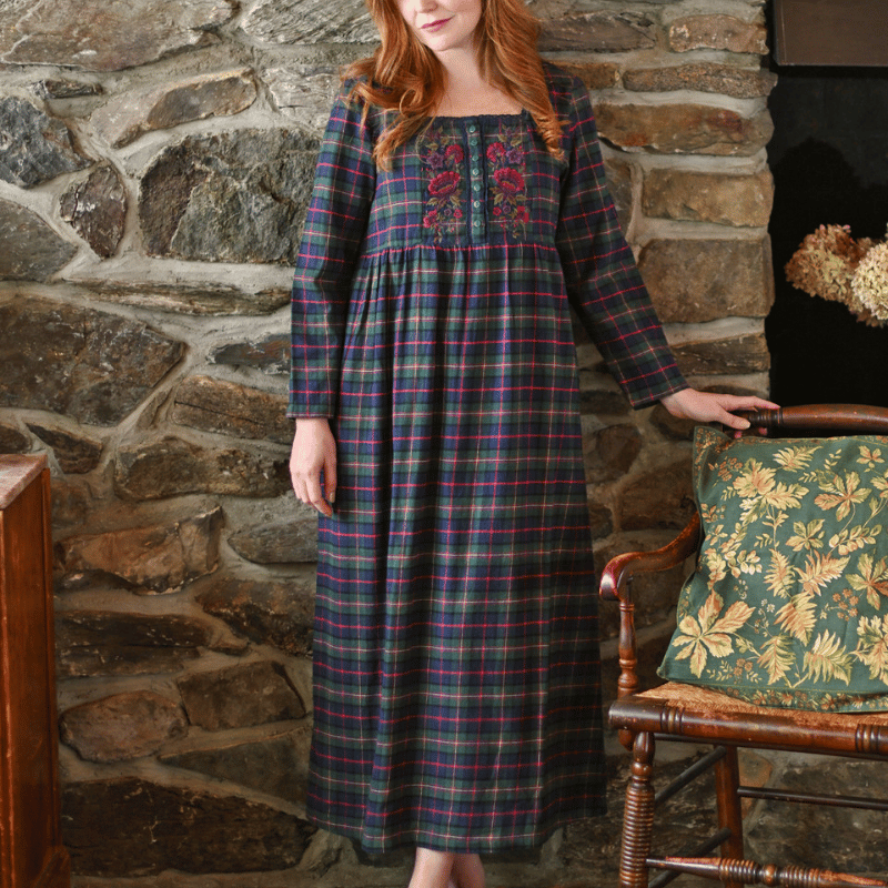 long plaid dark blue and red april cornell night gown in cottage setting