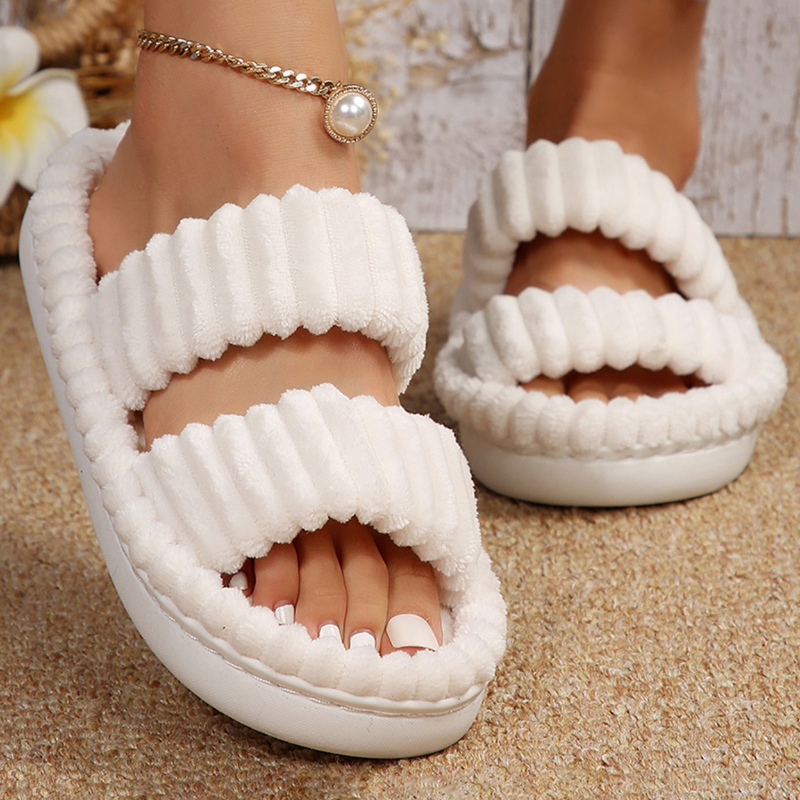 White Soft Ribbed Double Strap Slides - Victoria's Attic