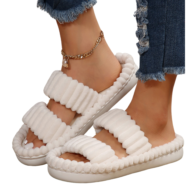 White Soft Ribbed Double Strap Slides - Victoria's Attic