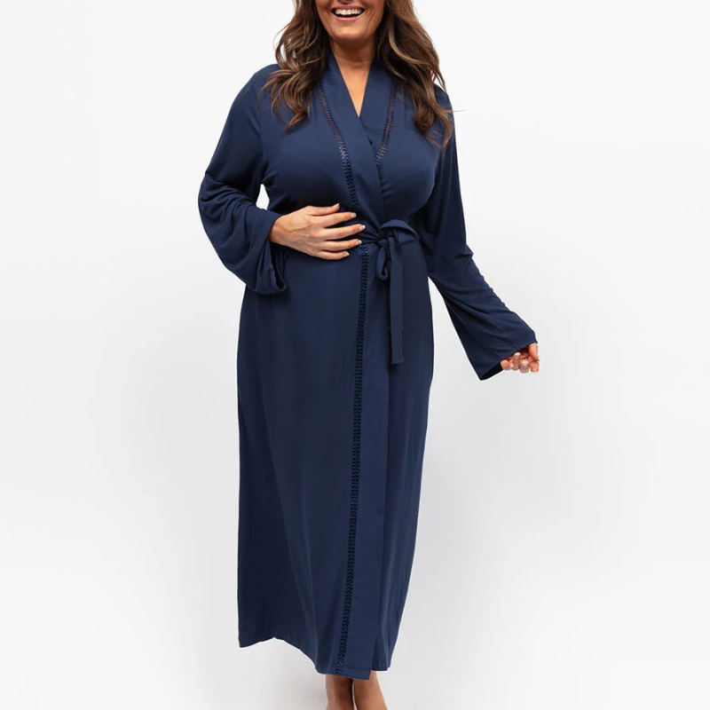 Caroline Jersey Dressing Gown Navy Blue